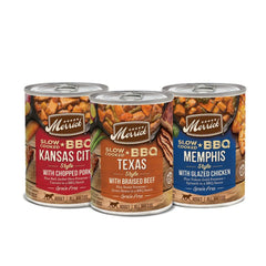 Merrick slow-cooked BBQ beef cans—protein-rich meal for active dogs.
