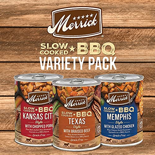 Merrick slow-cooked BBQ chicken cans—high-quality real meat for energy.