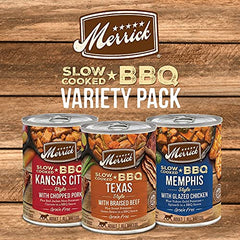 Merrick slow-cooked BBQ chicken cans—high-quality real meat for energy.
