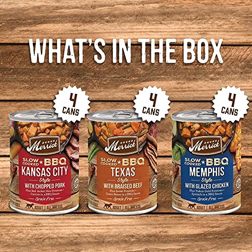 Merrick slow-cooked BBQ pork cans—savory protein for lean muscle.