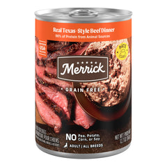 Merrick Texas Beef Dinner can with soft pate texture for easy feeding