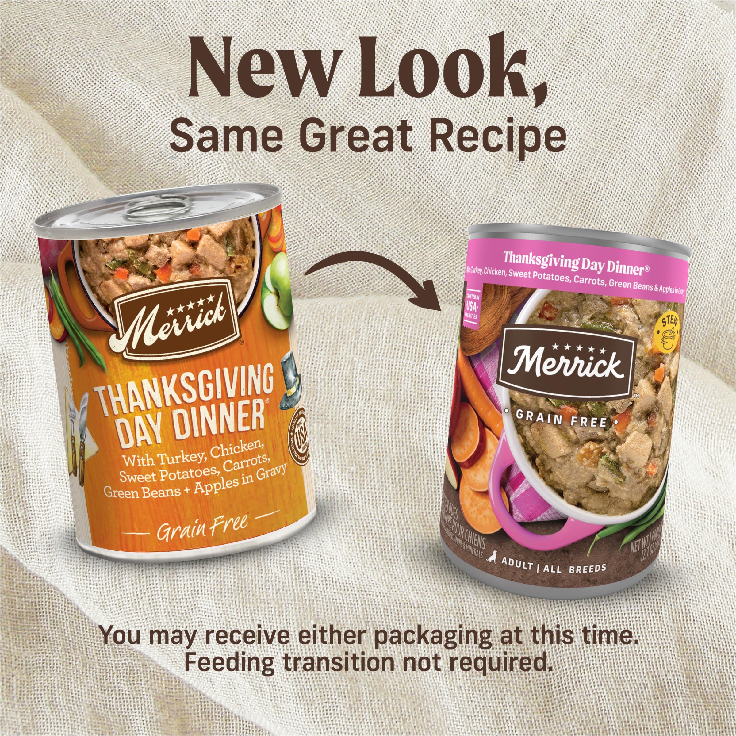 Merrick Thanksgiving Day Dinner shows real turkey as first ingredient for protein-rich nutrition.