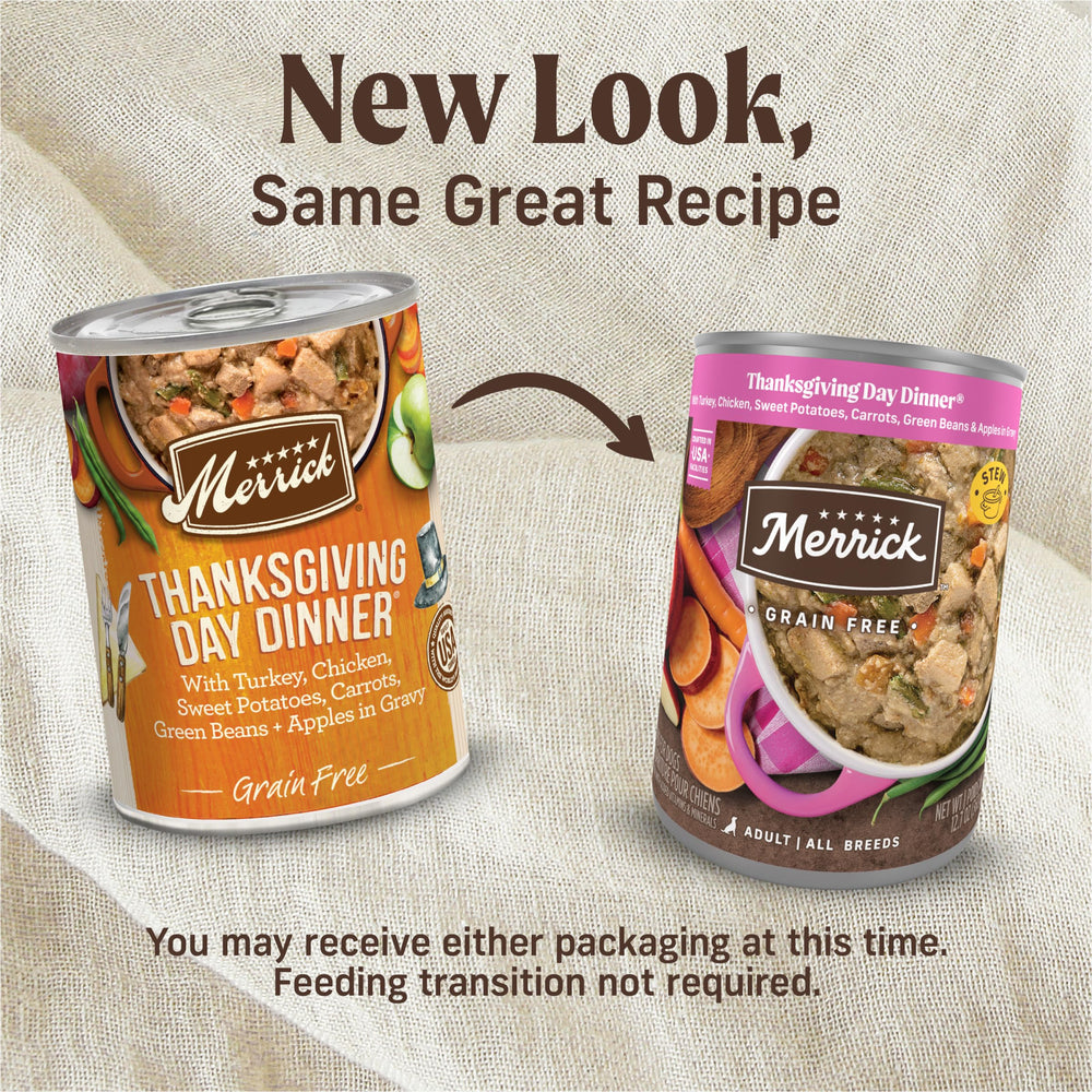 Merrick Thanksgiving Day Dinner shows real turkey as first ingredient for protein-rich nutrition.