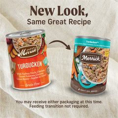 Merrick Turducken wet dog food with duck and chicken for real meat proteins.