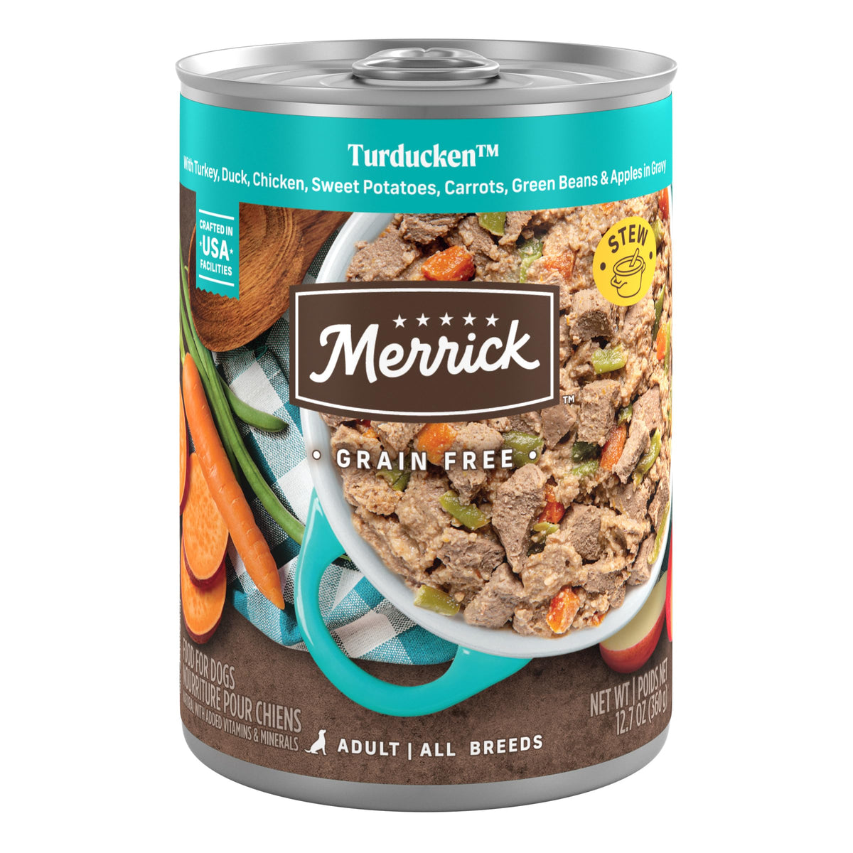 Merrick Turducken grain-free wet dog food can with turkey as first ingredient.