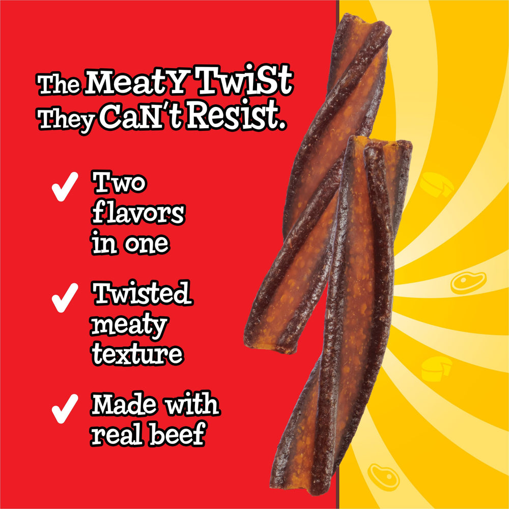 Cheese-forward bite detail shows dual beef and cheese flavor in Merrick Twistables.