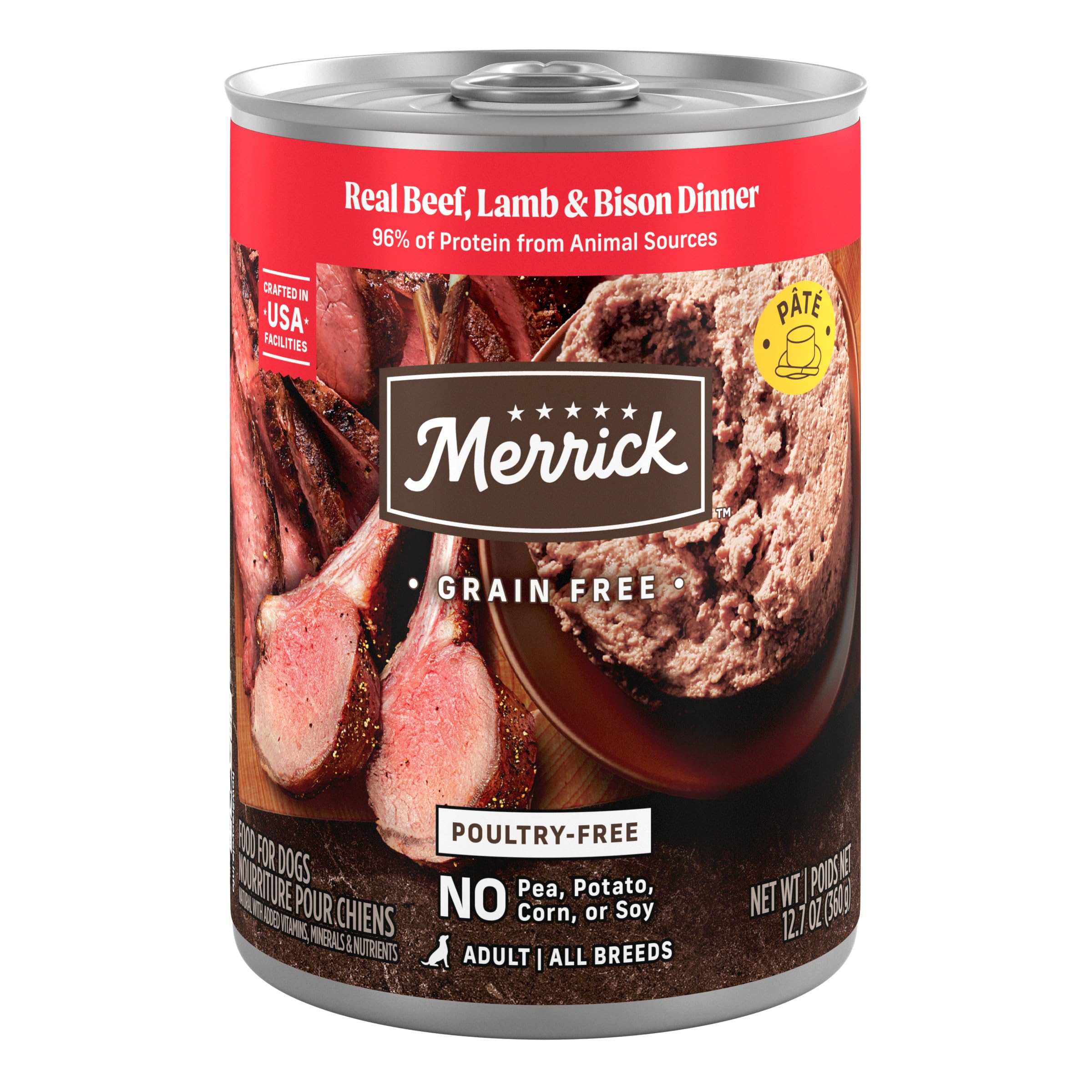 Merrick wet dog food grain-free pate can label, convenient nutrition at mealtime.