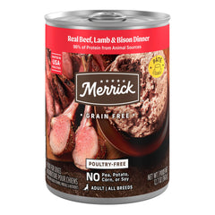 Merrick wet dog food grain-free pate can label, convenient nutrition at mealtime.