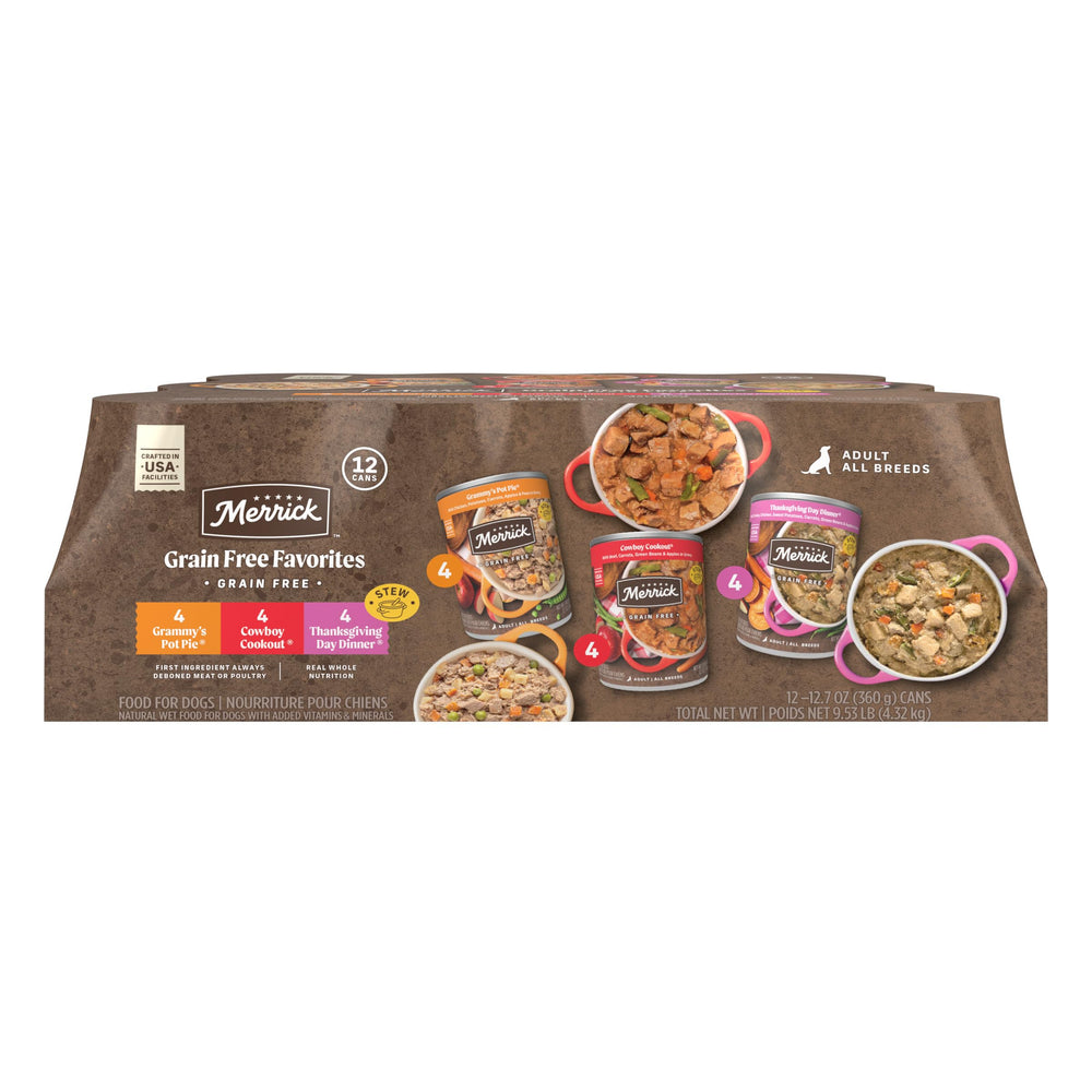 Merrick grain free wet dog food variety pack cans ready to serve
