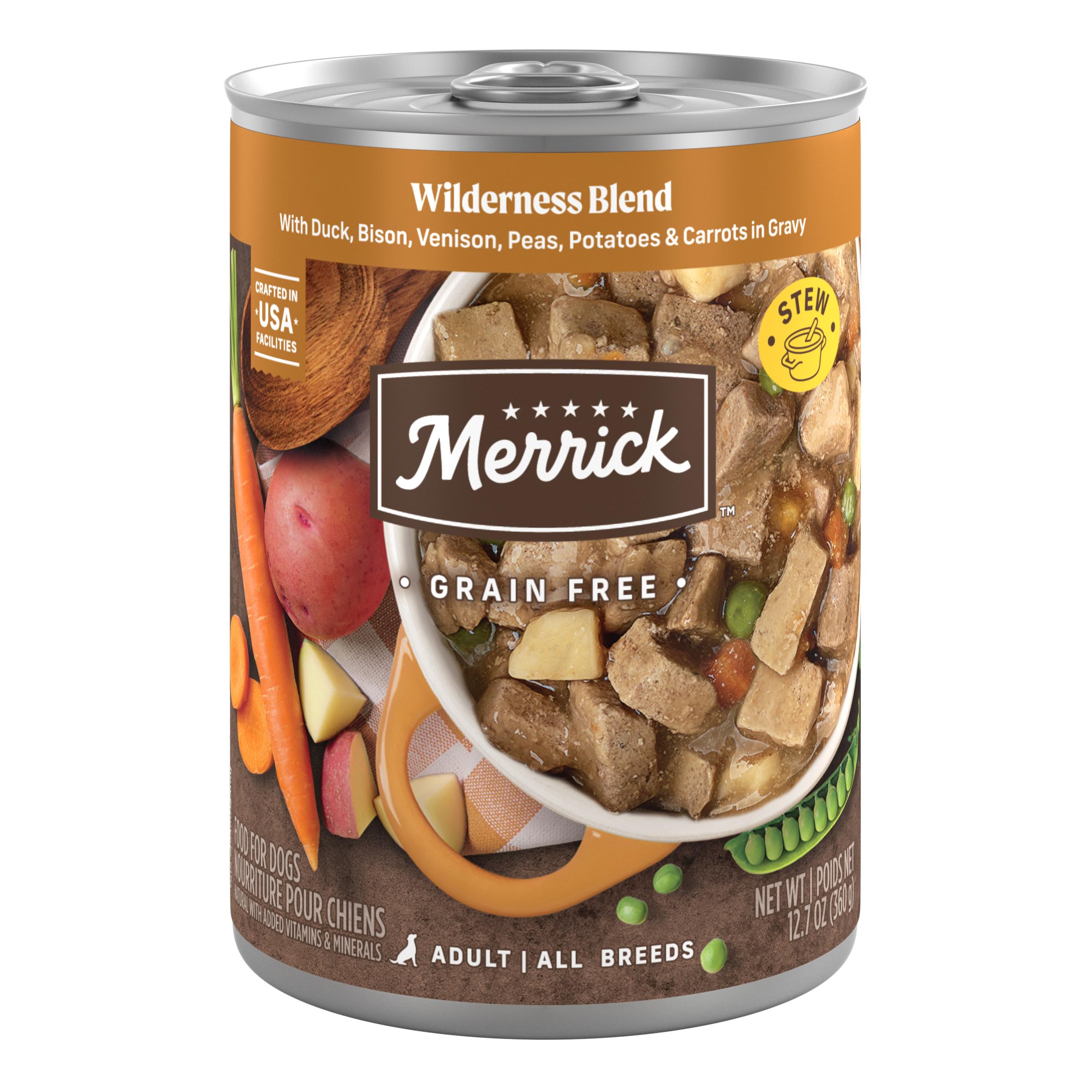 Merrick Wilderness Blend duck canned dog food, rich protein supports active days