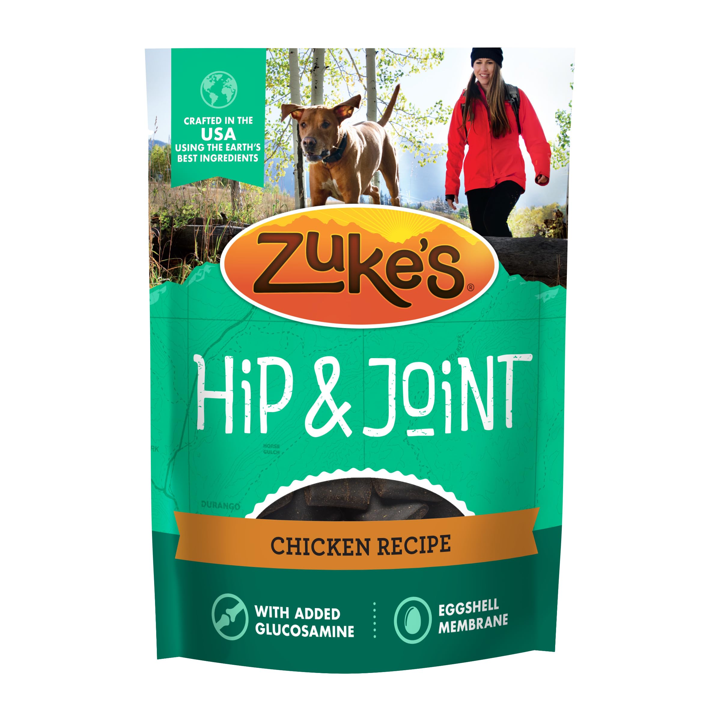 Merrick Zuke's hip and joint treats in resealable 16 oz pouch for mobility support