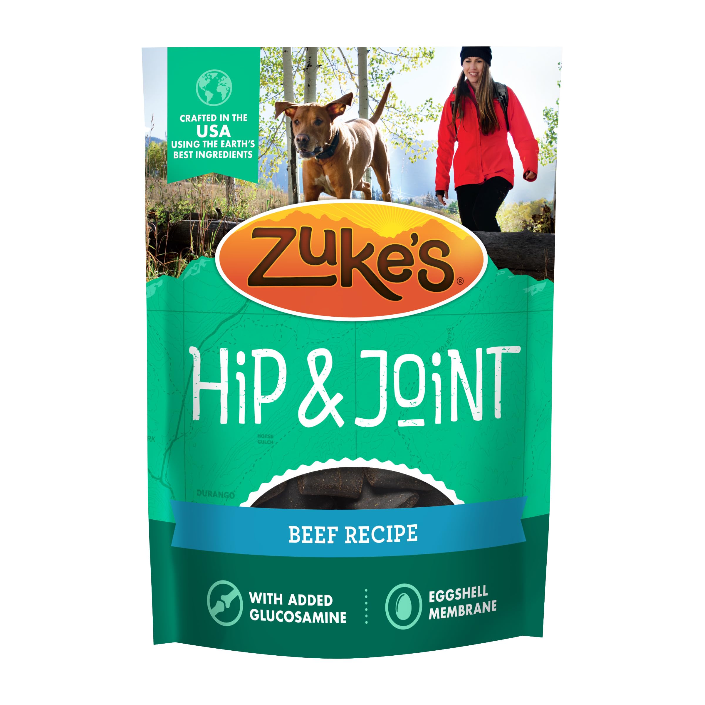 Merrick Zuke’s Hip and Joint beef treats in a resealable pouch support daily mobility.