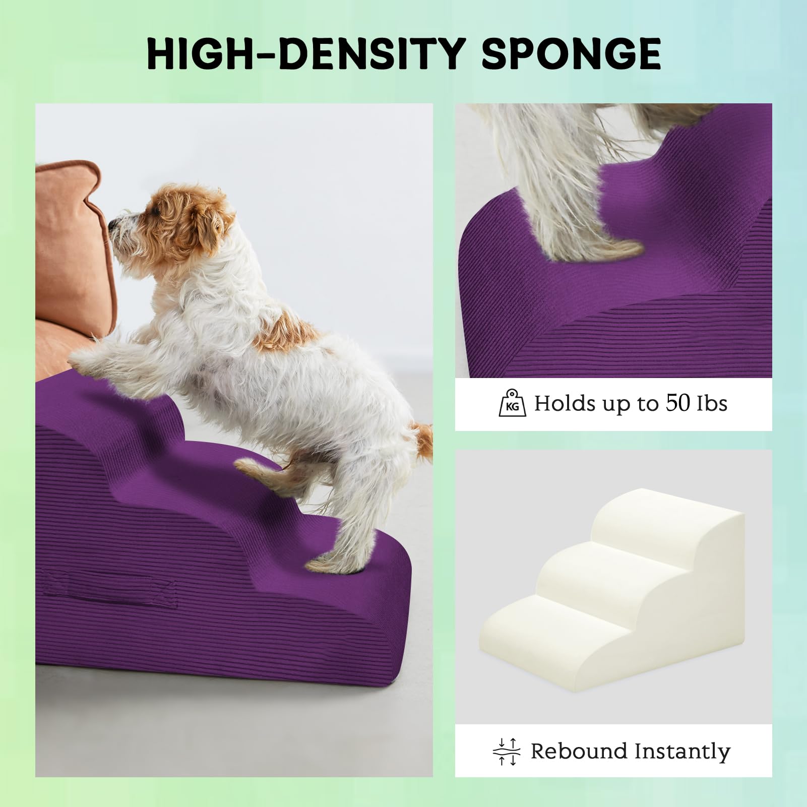 Purple Mesa Lemon stairs blend with decor while aiding pets under 50 lbs.