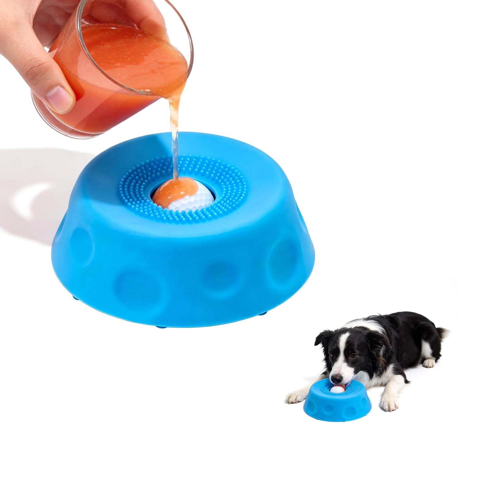 Mesiiloly slow-feeder bowl blue top view with liquid treats in motion