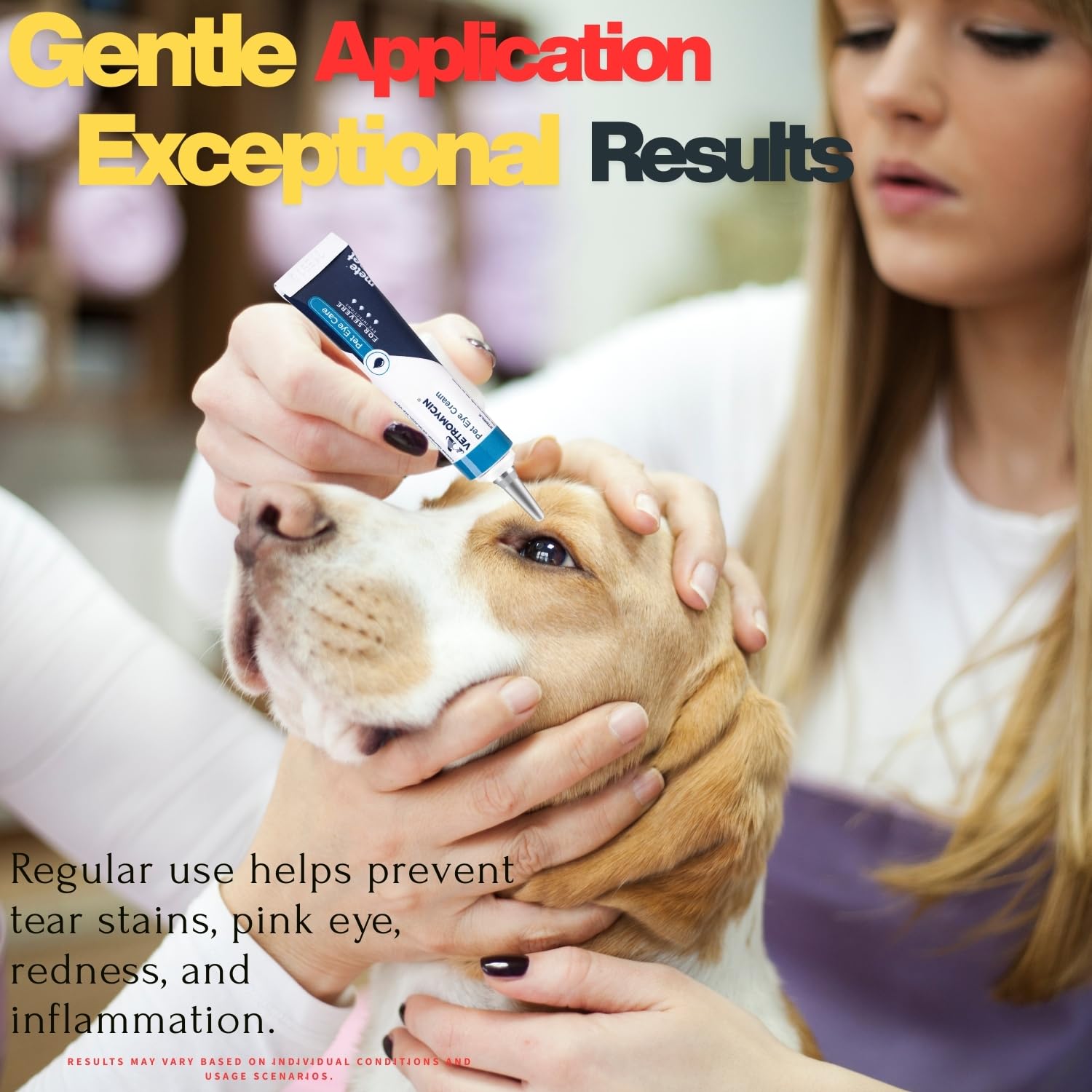 Dog eye care routine using METEPET Vetromycin for comfortable application.