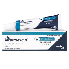 METEPET Vetromycin eye ointment tube for gentle daily eye care in pets.