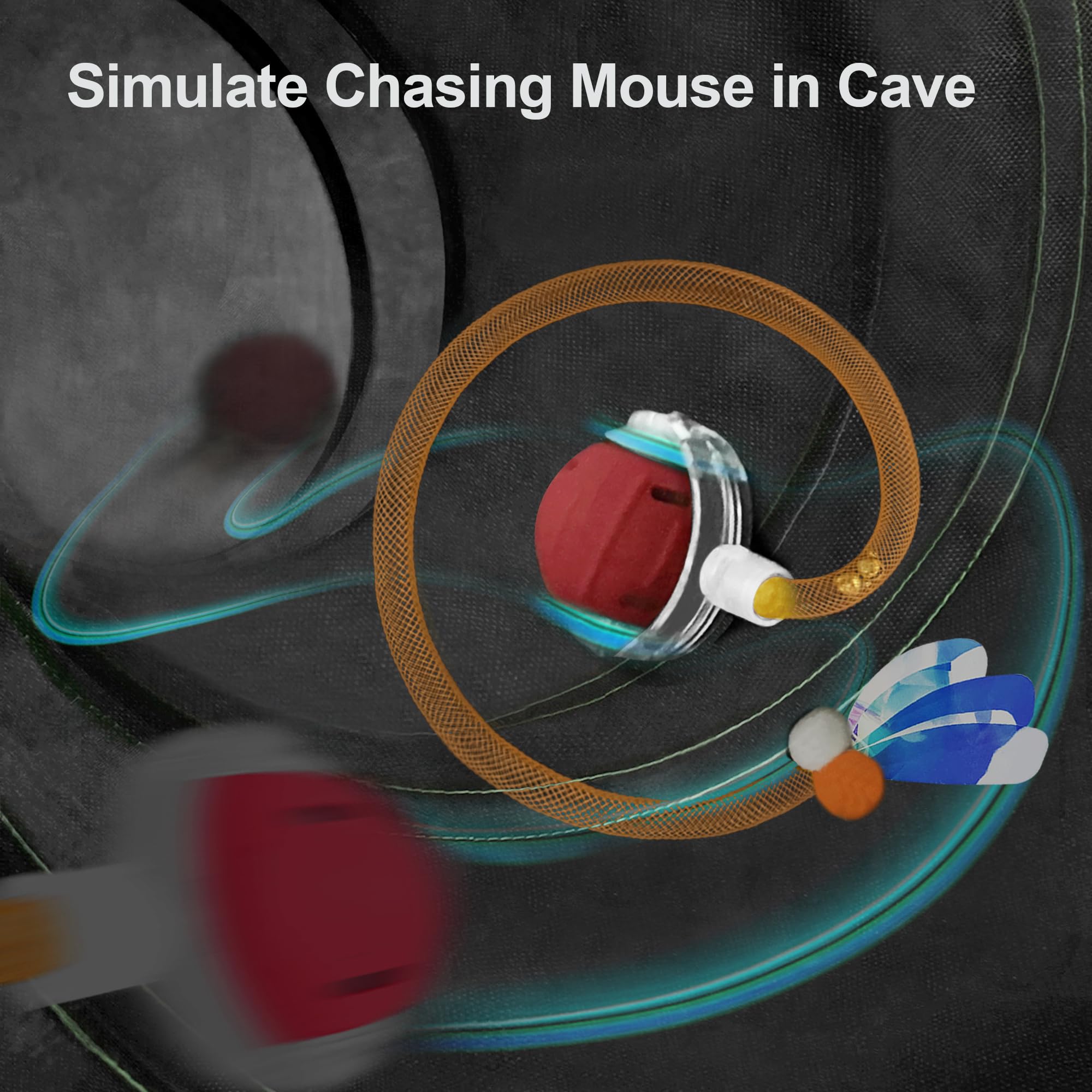 Metiya motion-activated rolling ball in tunnel with unpredictable paths for hunting instinct.