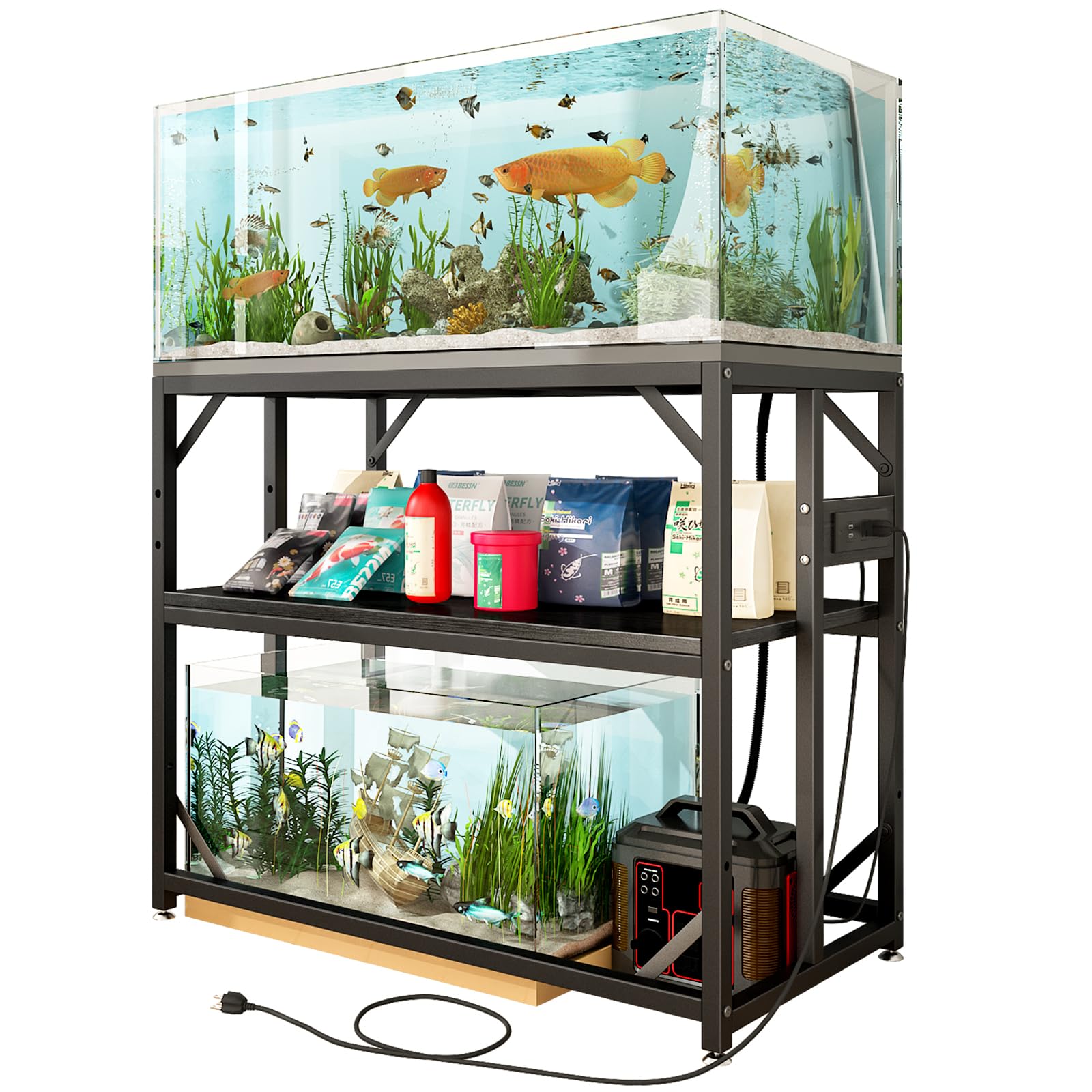 METYERRY 40 gallon stand front view with built-in outlets for convenient power management