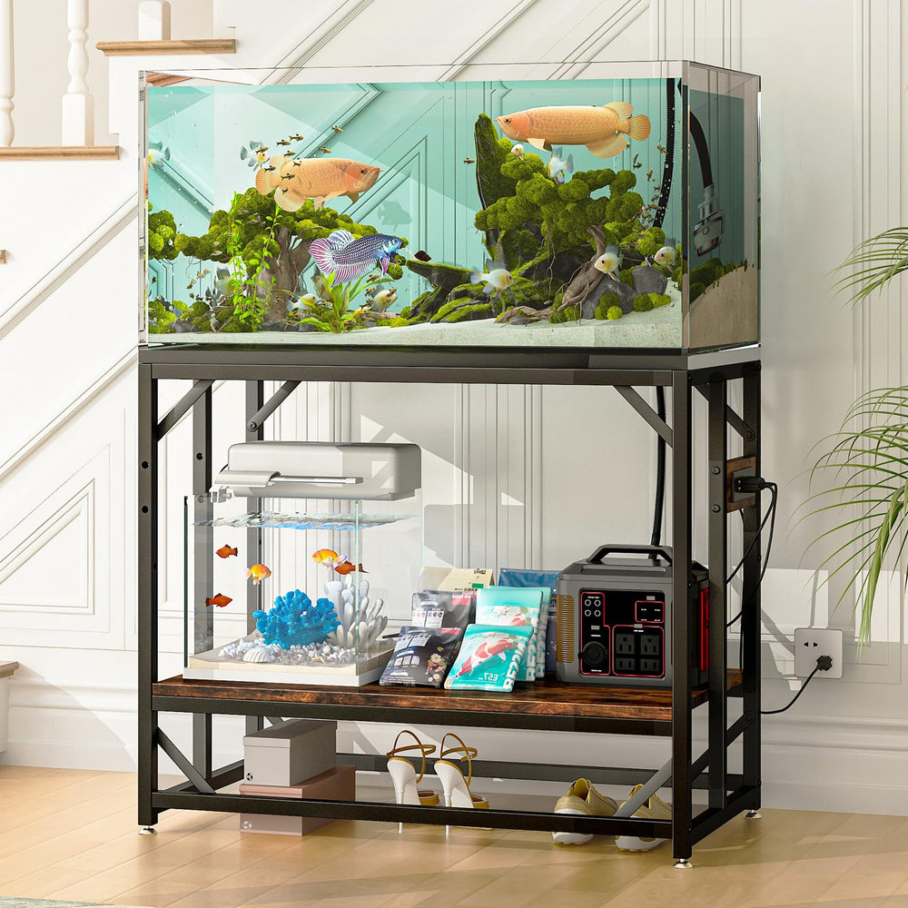 METYERRY tank stand side view highlighting compact footprint and fit for standard 40-gallon tanks.
