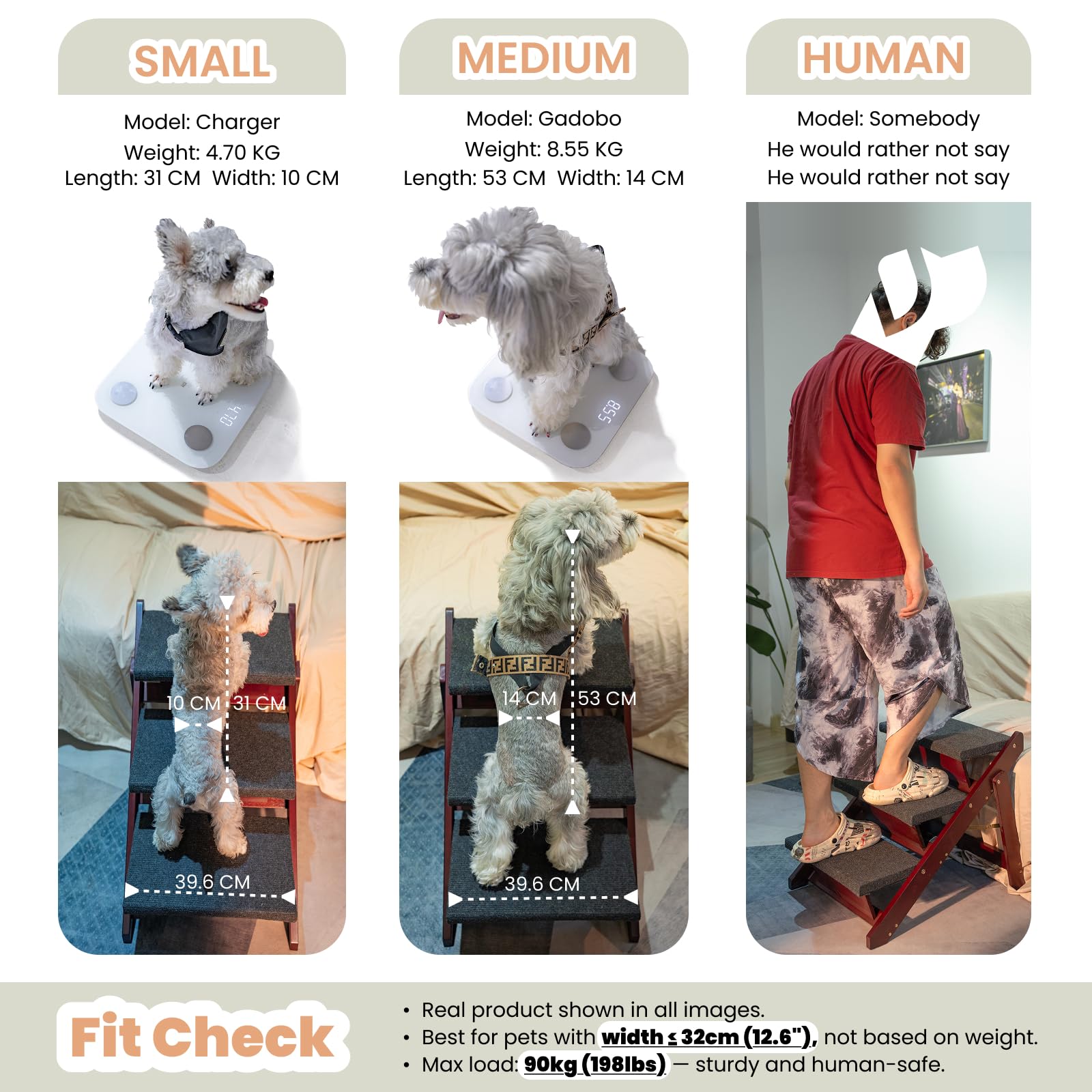 MEWANG four-step option supports small to medium pets.