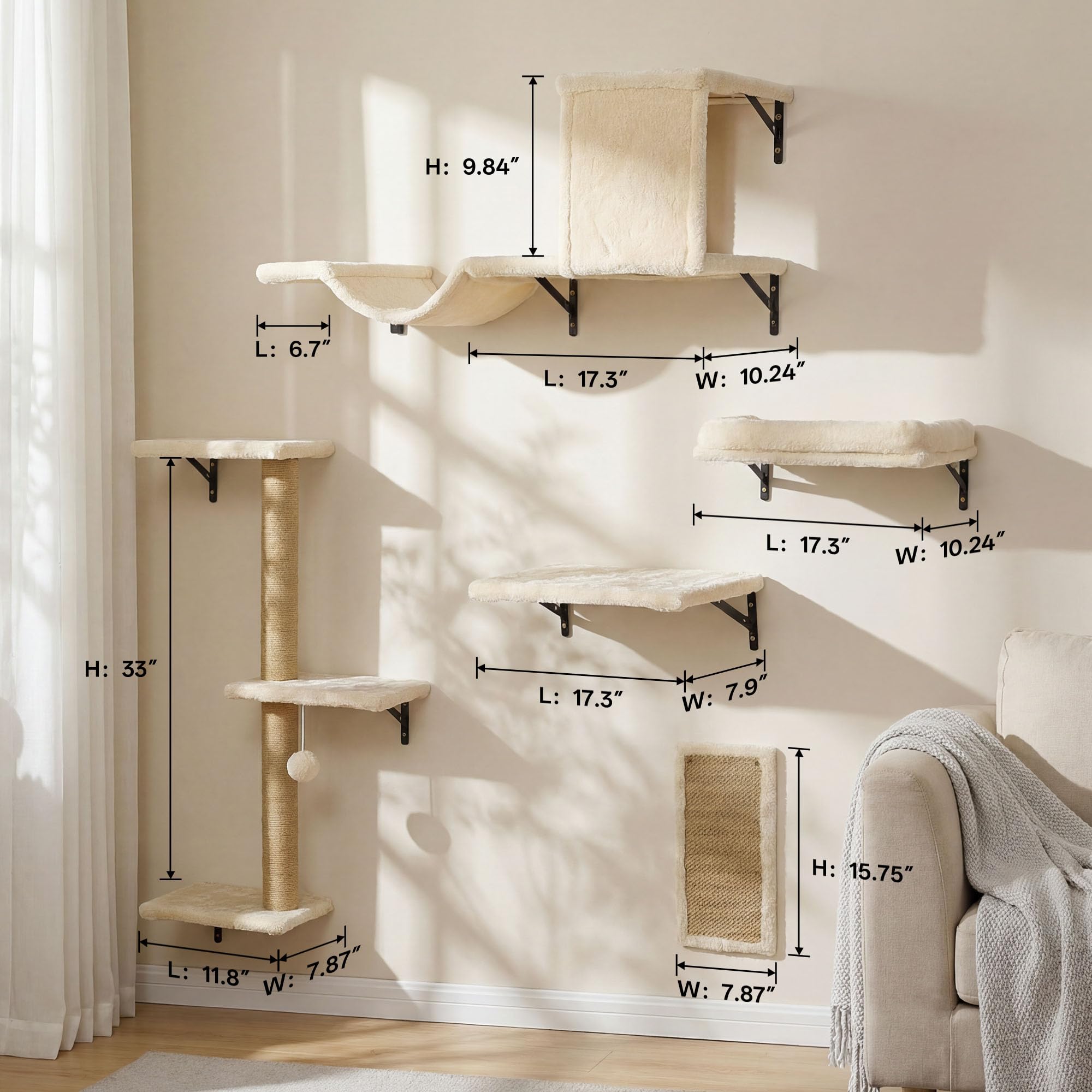 MEWANG 5-in-1 cat wall shelves side view highlights space saving design