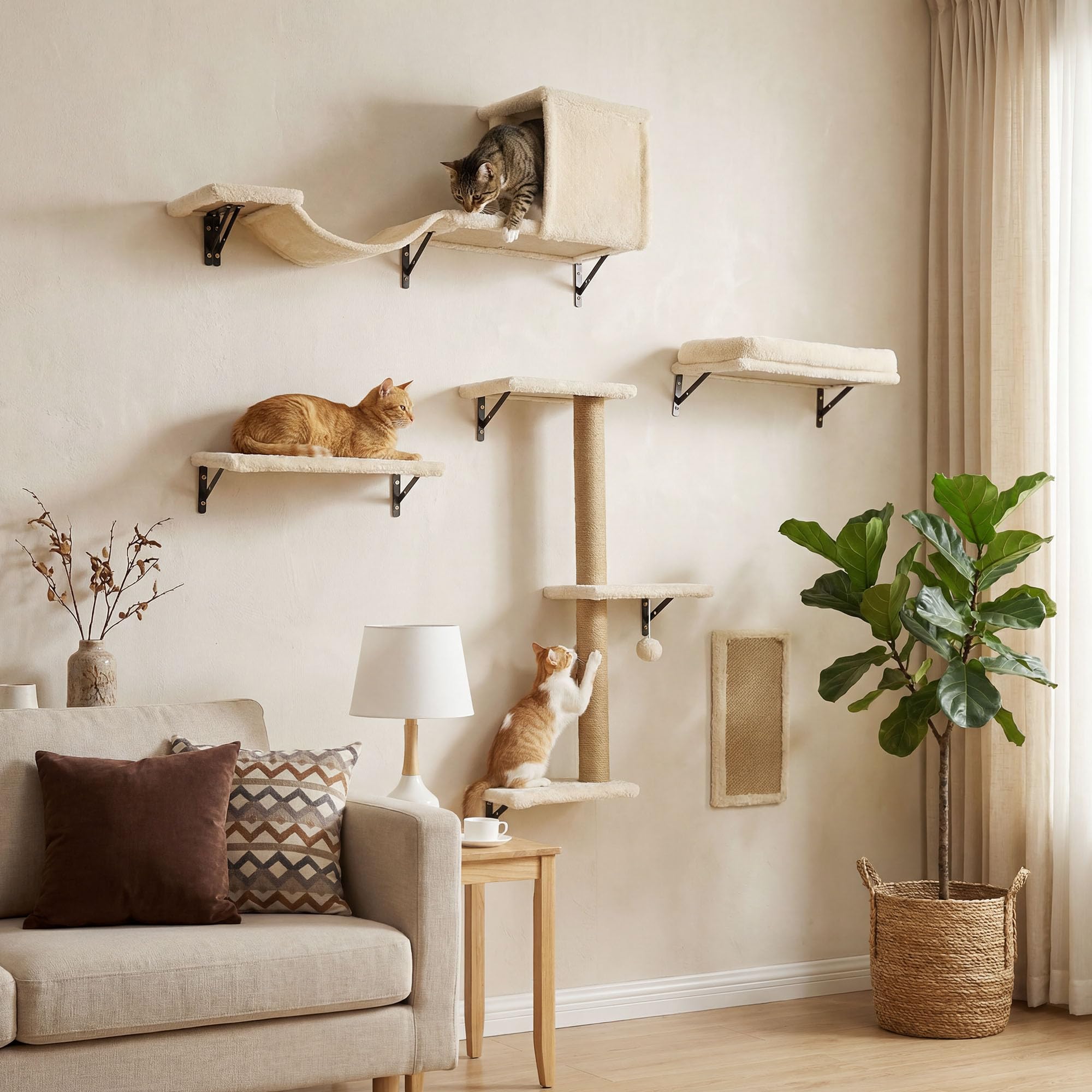MEWANG 5-in-1 cat wall shelves room scene in stylish beige finish
