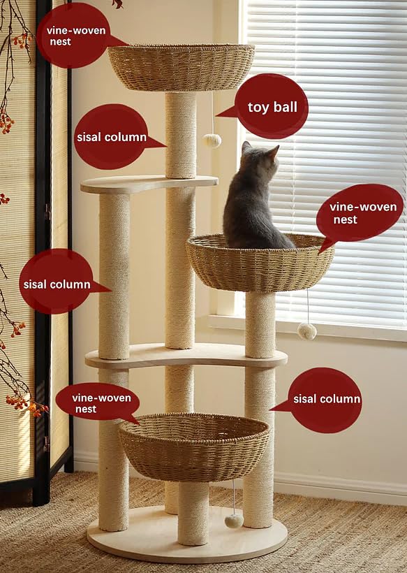 MewJoyee luxury rattan oak cat nests trio for lounging and nesting