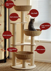 MewJoyee luxury rattan oak cat nests trio for lounging and nesting