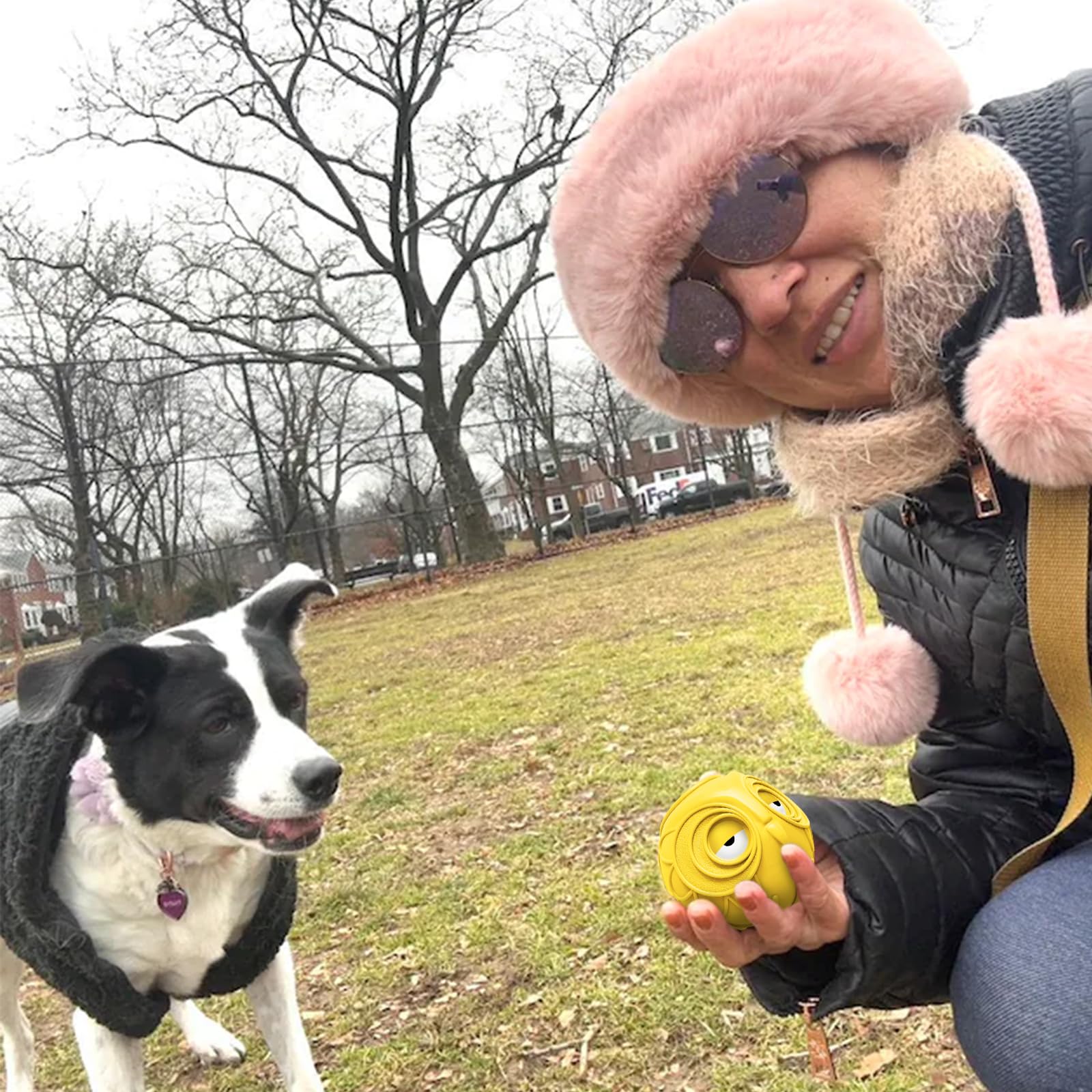 Natural rubber Giggle Ball in owl design provides dynamic squeak action.