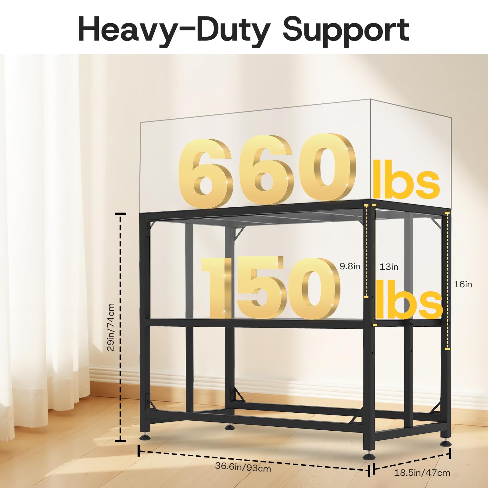 MEWSDEN fish tank stand side view showing compact two-tier storage design.