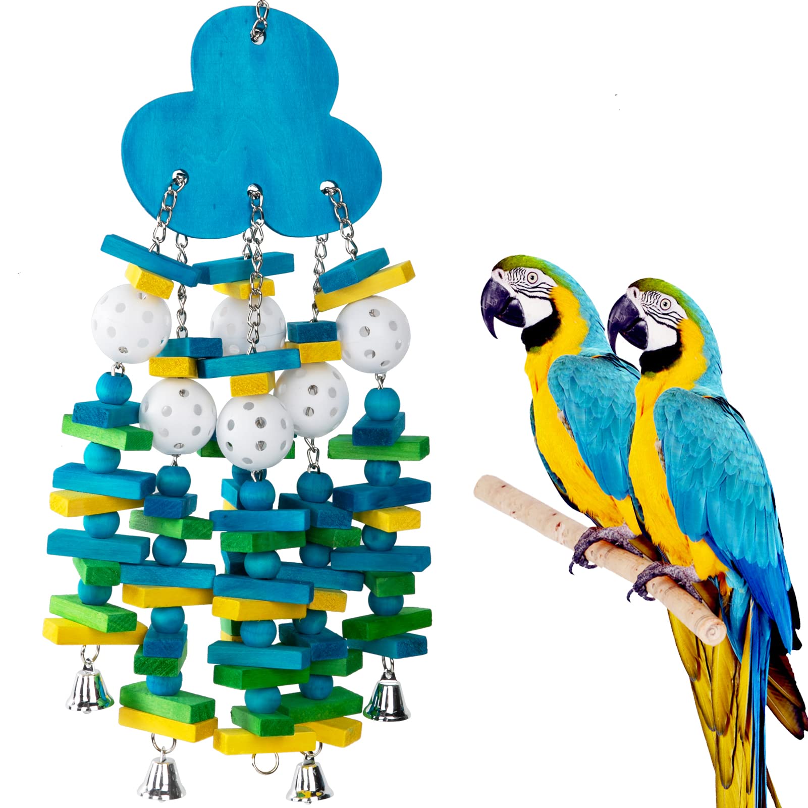 MEWTOGO blueberry-style parrot toy with colorful blocks and bell for enrichment.