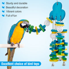 MEWTOGO close-up of colorful wooden blocks used in the parrot toy.