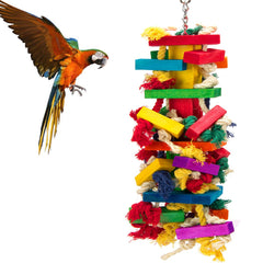 MEWTOGO extra-large wood bird toy with macaw cubes and knots for enrichment.