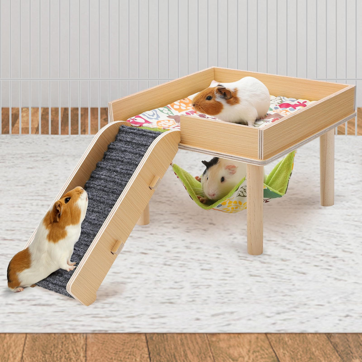 MEWTOGO Guinea Pigs Hammock Platform offers sturdy wood frame for safe, elevated play.