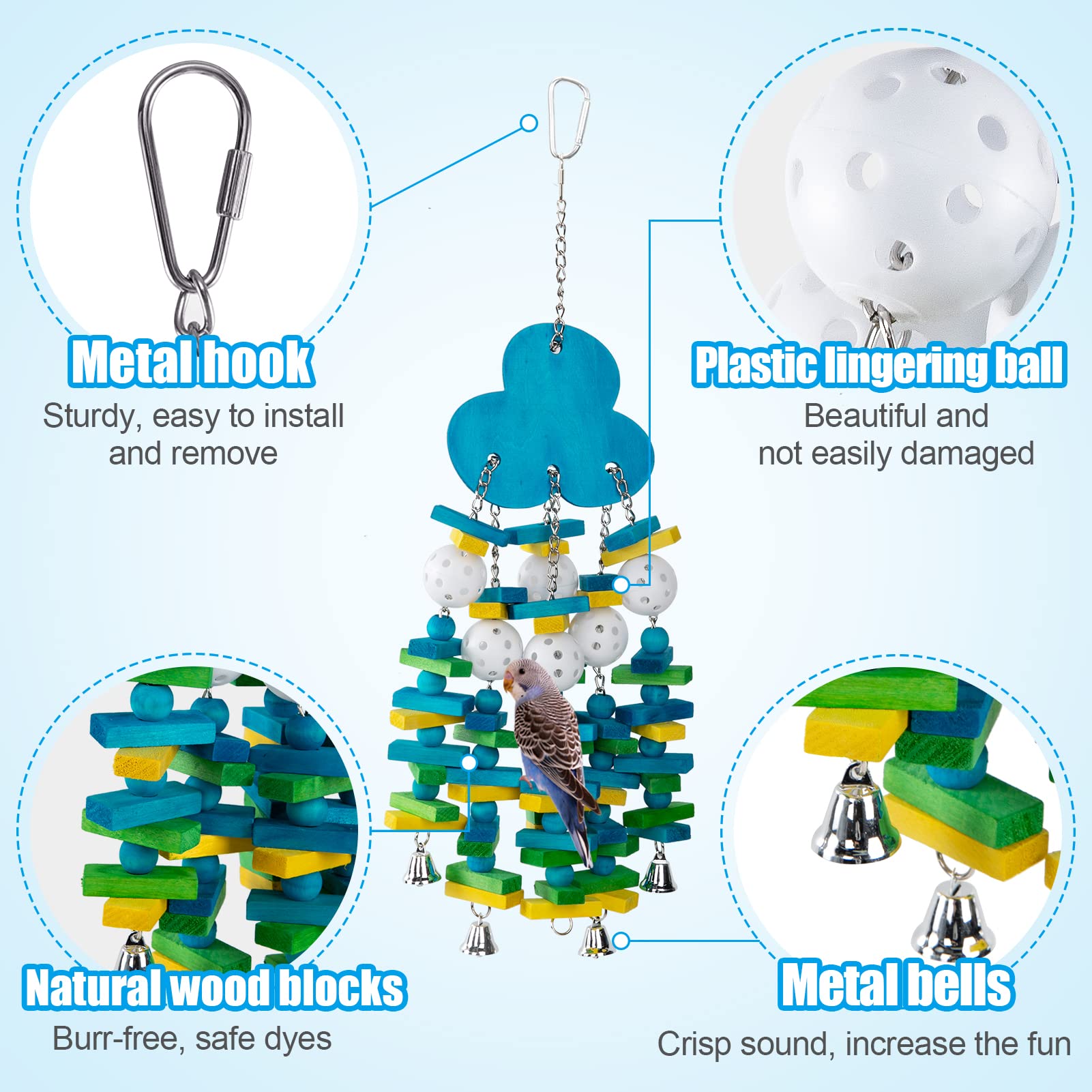 MEWTOGO parrot toy bell detail showing the bottom bell feature.