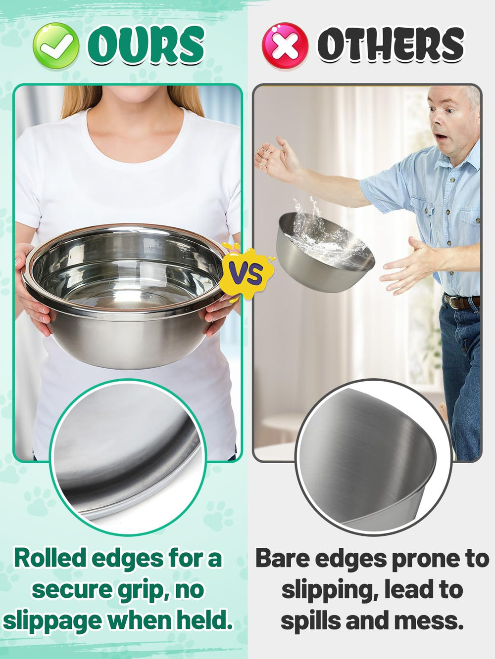 MEWTOGO stainless steel dog bowl with rolled edge safety protects tongues.