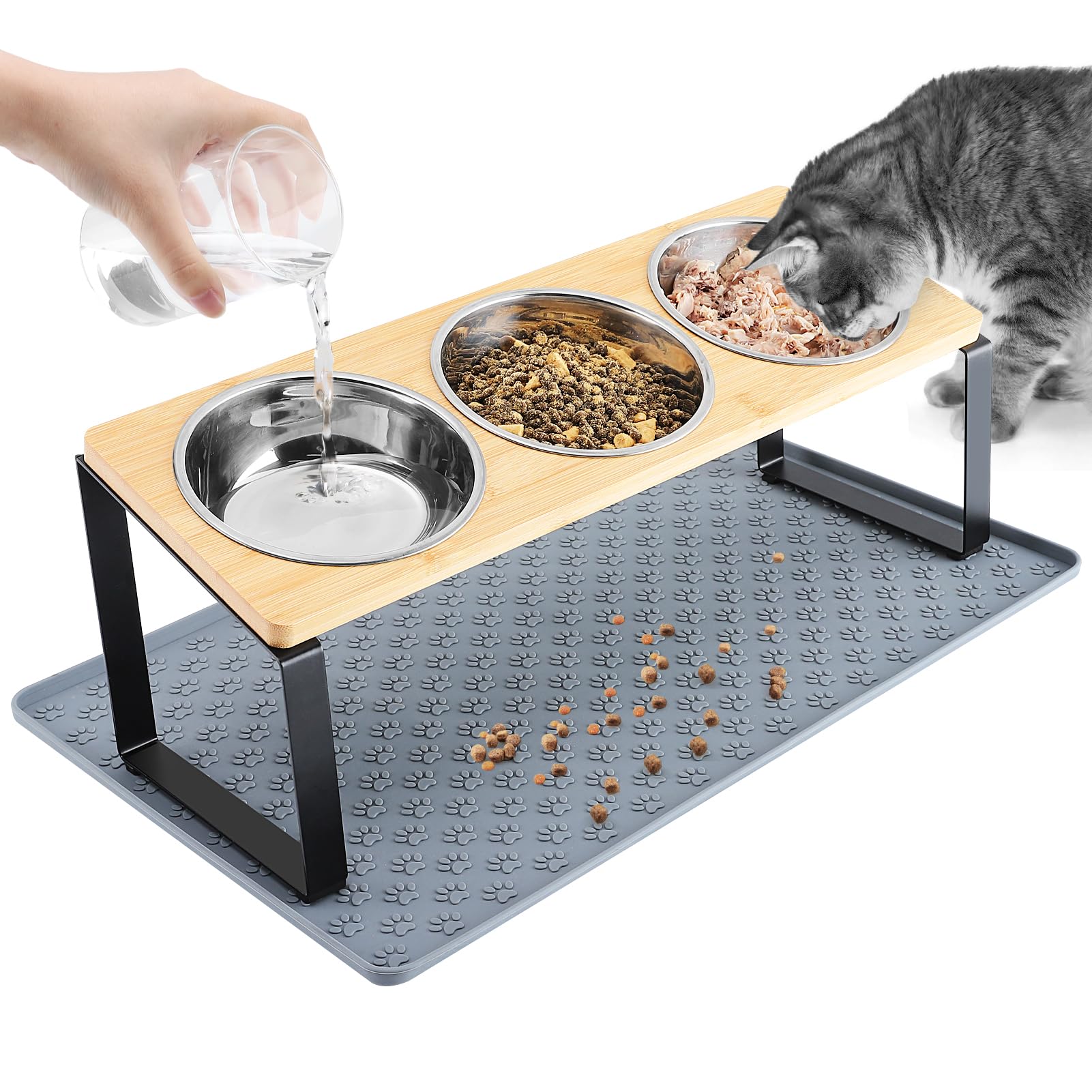 MEWTOGO tilted elevated cat bowls show ergonomic dining angle for cats