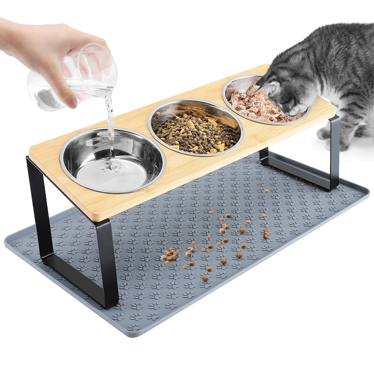 MEWTOGO tilted elevated cat bowls show ergonomic dining angle for cats