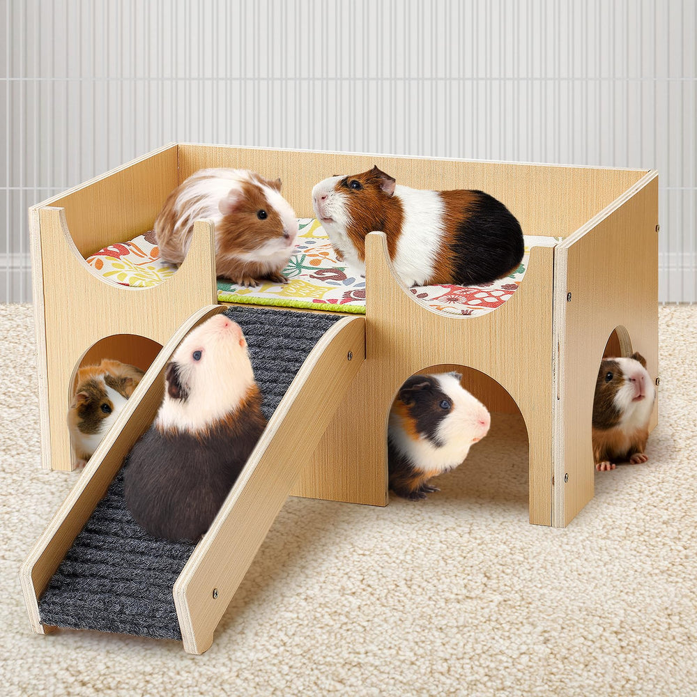 MEWTOGO upgraded guinea pig castle front view shows sturdy wooden hideout for safe play