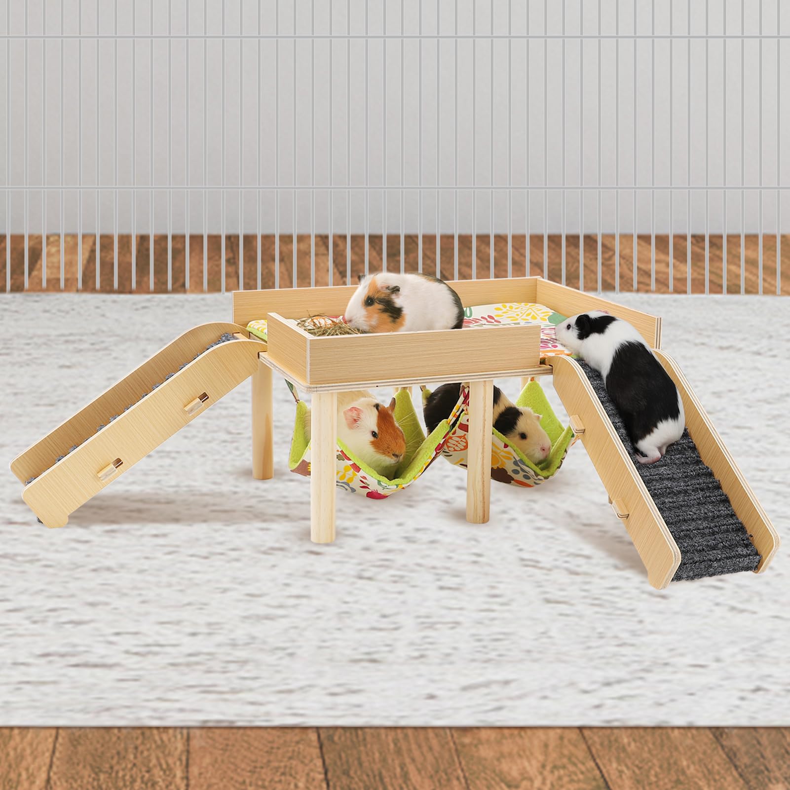 MEWTOGO wooden guinea pig hammock with platform offers secure retreat and elevated view for small pets.