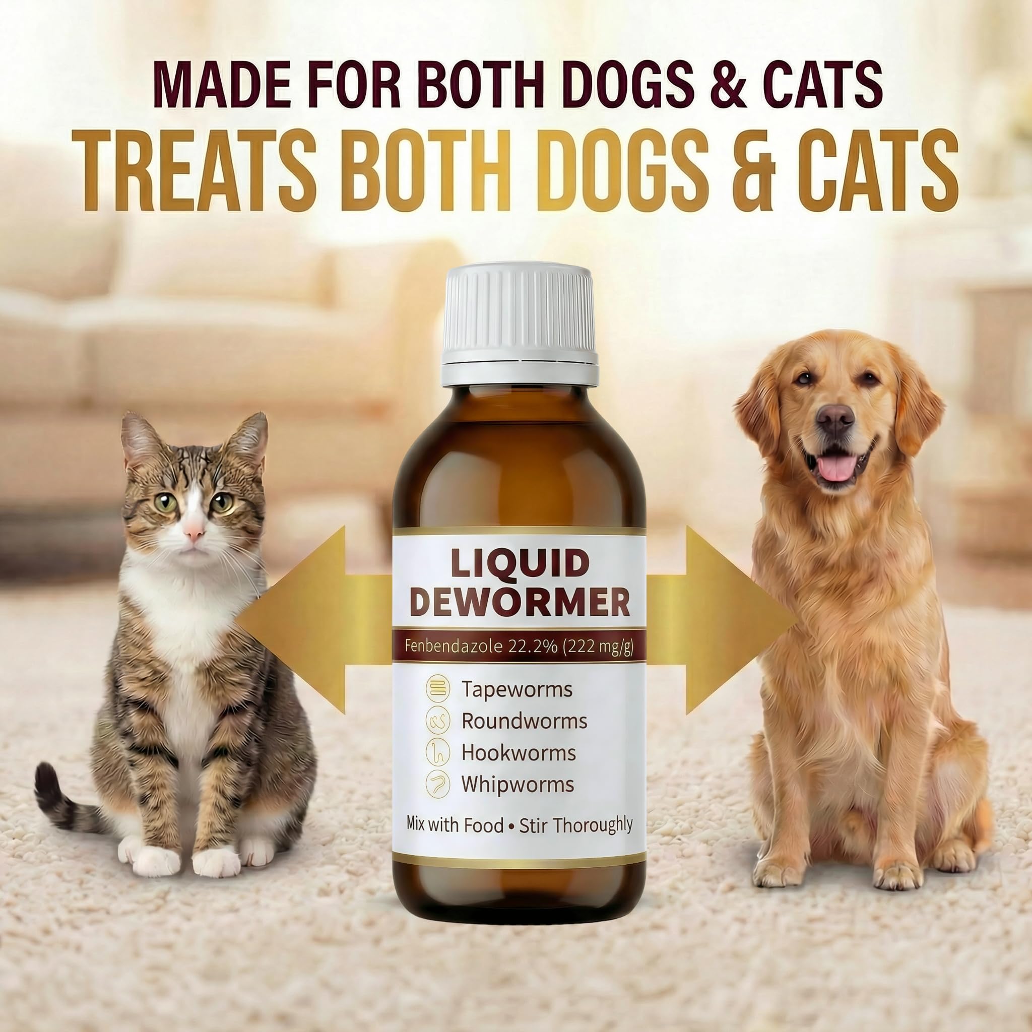 MGZ liquid dewormer mixed into strongly flavored wet food for easier administration.