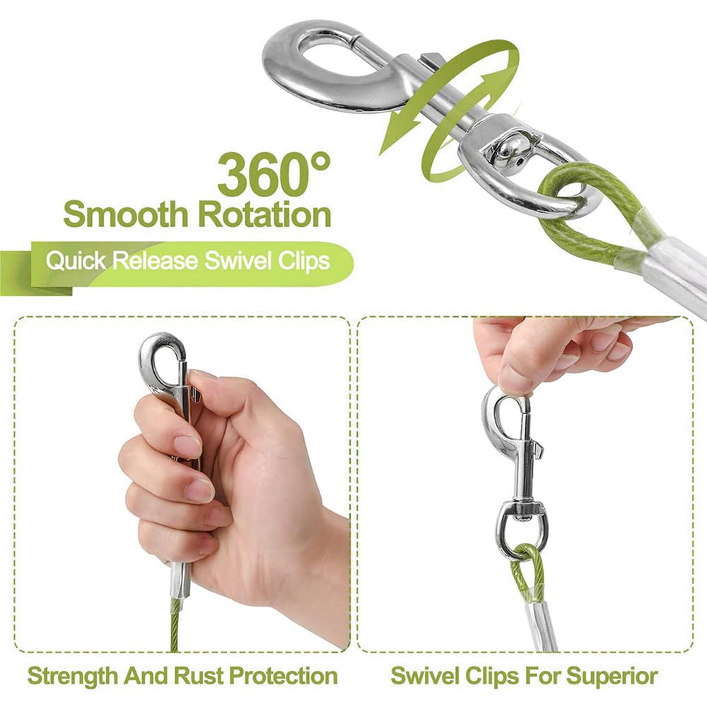 Mi Metty tie out cable 360-degree swivel hook reduces tangling.