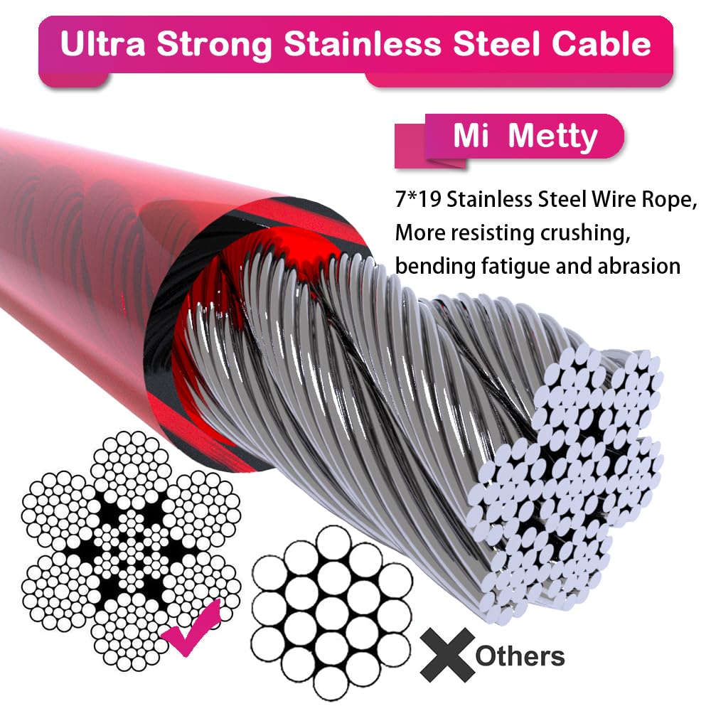 Mi Metty tie-out cable showing 360° swivel hook to minimize tangling
