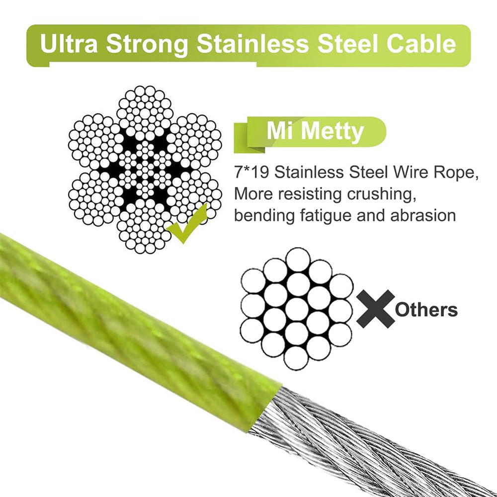 Mi Metty tie out cable close-up shows anti-rust coating for durability.