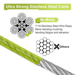 Mi Metty tie out cable close-up shows anti-rust coating for durability.