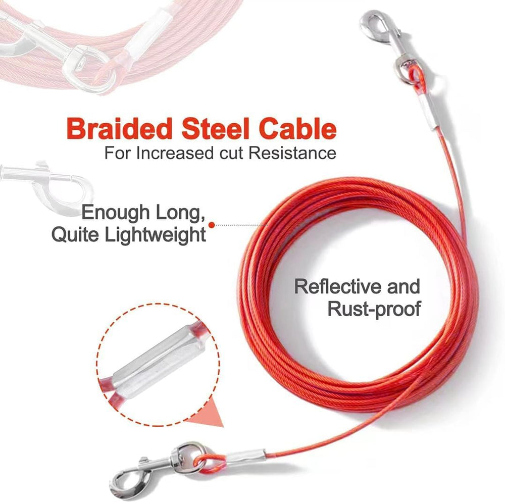 Mi Metty tie out cable attached to dog's collar for safe restraint