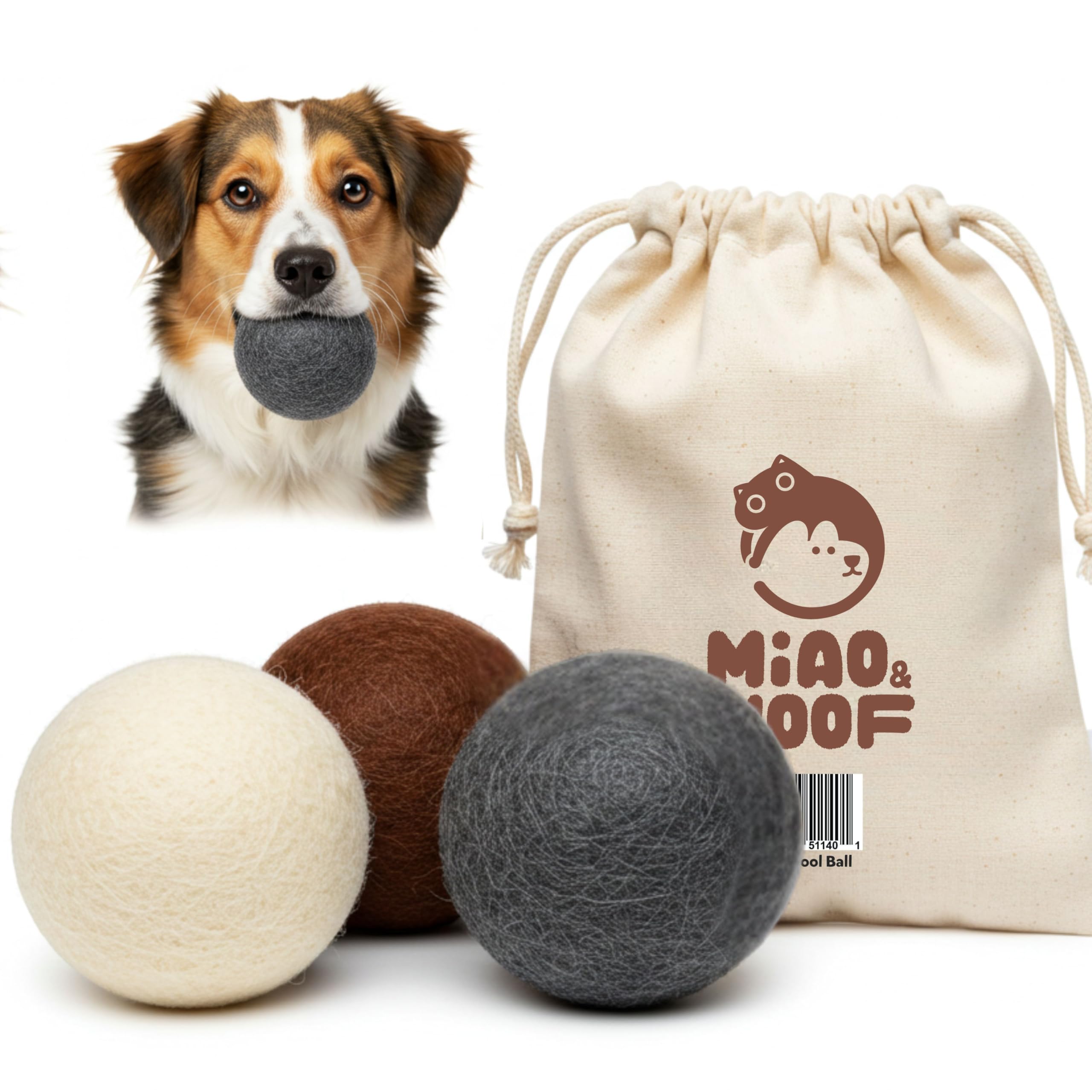Miao and Woof wool dog ball close-up shows soft, durable texture for safe chewing.