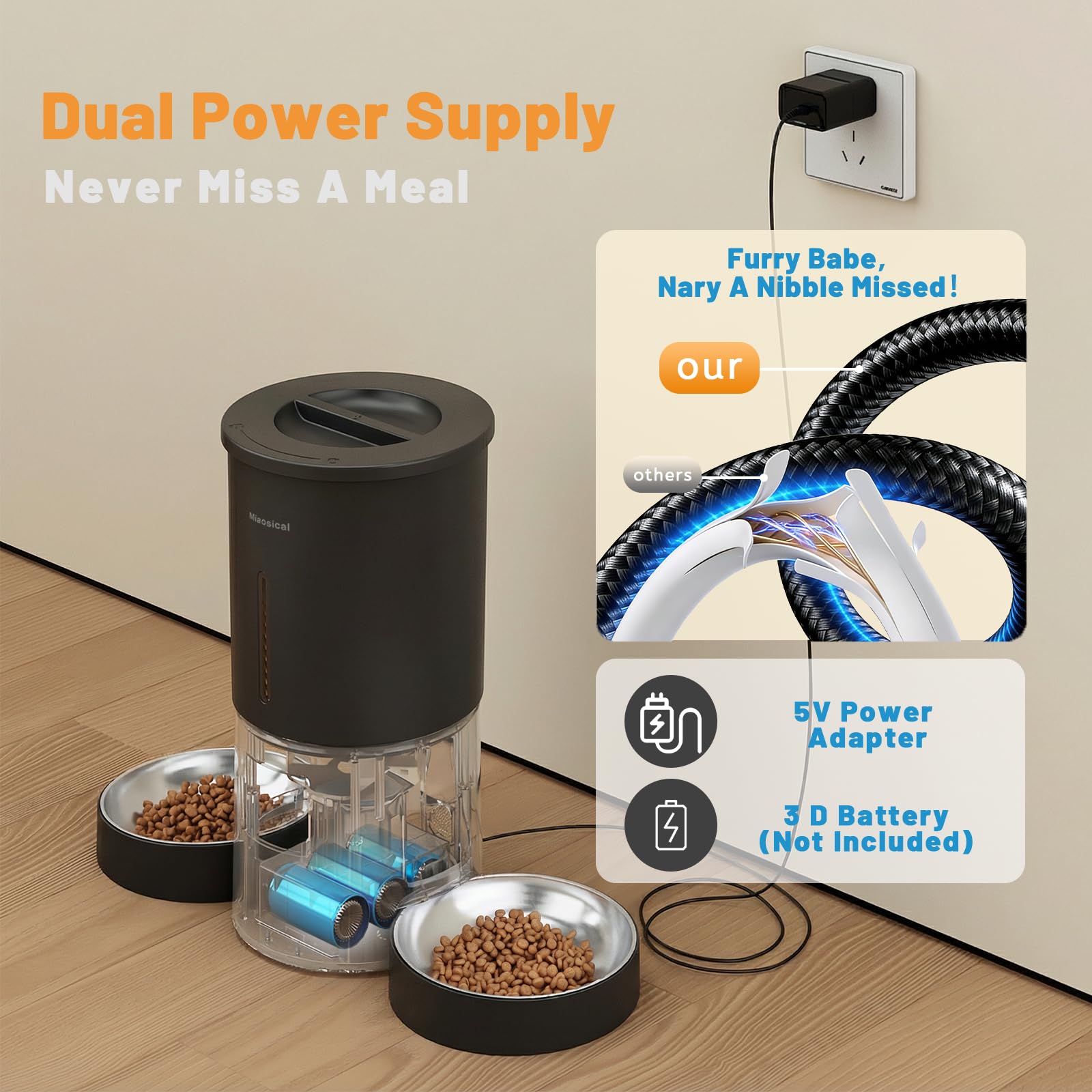 Miaosical anti clog mechanism ensures smooth dispensing for dry foods.
