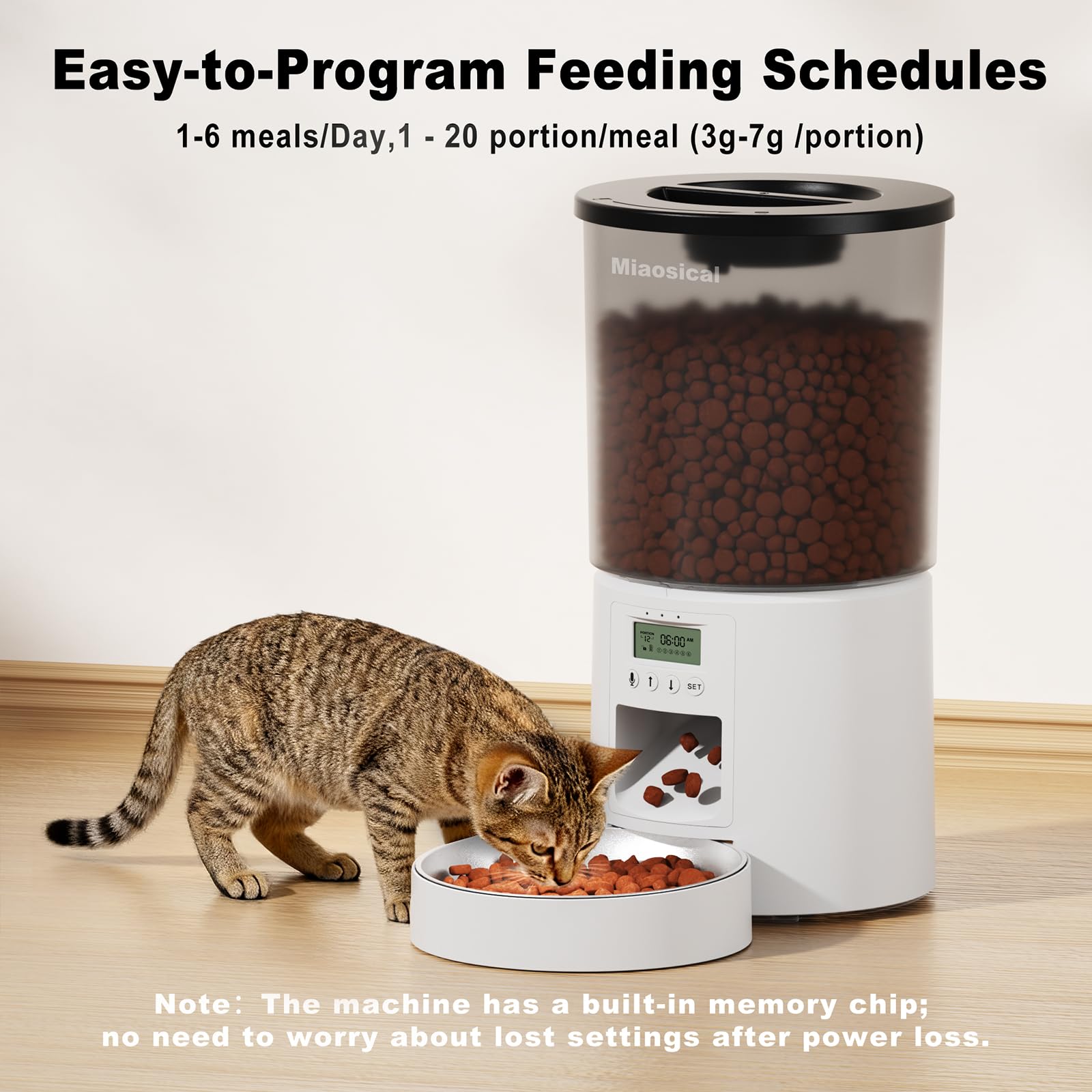 Miaosical automated cat feeder anti-clog dispensing reduces jams.