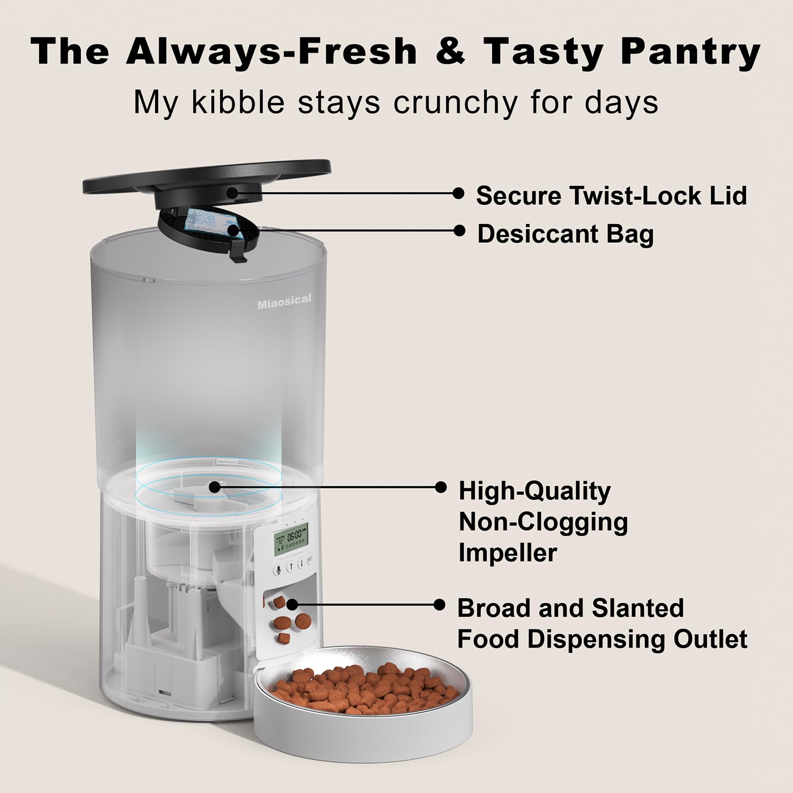 Miaosical automated cat feeder button controls enable easy setup.